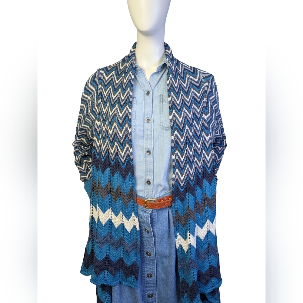 Western Blue Chevron Open Knit Cardigan | M | 100% Cotton